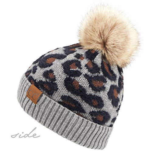 Image of C.C Exclusives Soft Beanie hat with Leopard Pattern and Fur Pom(HAT-7001)(SF-7001)