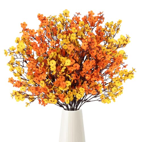 UXORSN Paquete de 10 Flores Artificiales de Otoño Naranja y Amarillo para Bebés Flore Falsas de Seda Gypsophila Tallos de Flores Arreglo Floral para Jarrón Boda Mesa Fiesta Decoración Otoñal