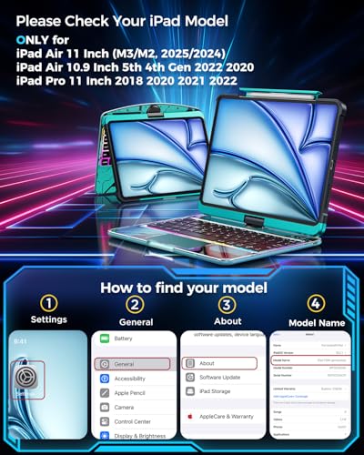 SIBEITU Clear Keyboard Case for iPad Air 11 Inch 2025/2024/ iPad Air 5th/4th 10.9" 2022 2020/ iPad Pro 11", Trackpad, Pencil Holder, 7-Color Backlit, Rotatable, Blue