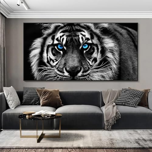 Tableau tigre noir et blanc KEBIA 50x100 cm, affiche moderne sur toile sans cadre
