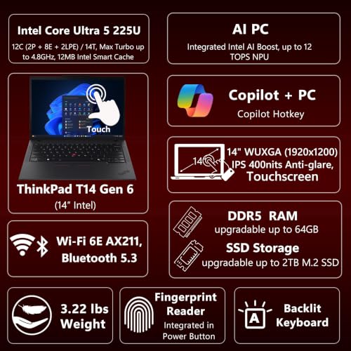 Image of Lenovo ThinkPad T14 Gen 6, Ultra 5 225U, 14 inch Touchscreen FHD+ Display