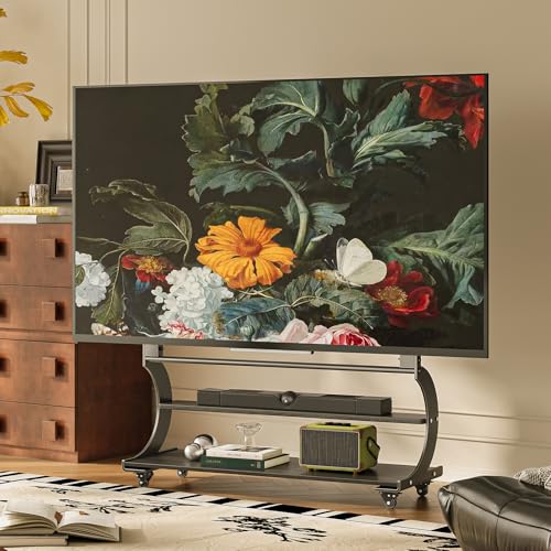 Rolling Easel TV Stand for 50-100 Inch TVs, Mobile TV Cart with Wooden Shelf and Wheels, Modern Floor Mobile TV Stand for Living Room, Office, Height Adjustable Holds up to 220lbs (Matte Black)