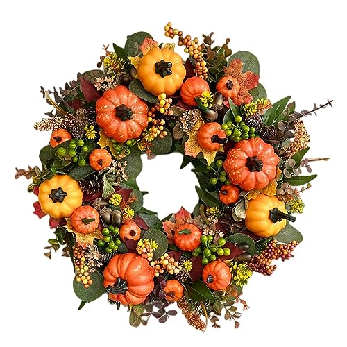 URMAGIC Couronne d'automne pour porte d'entrée, 45/50 cm, couronne de récolte d'automne avec baies et feuilles d'érable, couronne de Thanksgiving, couronne de porte d'automne, décoration de
