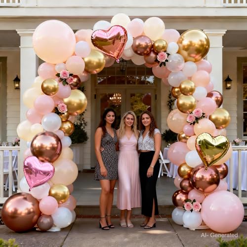 Image of Zesliwy Rose Gold Pink Balloon Arch Kit,Light Pink Nude White Metallic Gold Balloons Garland Rose Gold and Gold Confetti Balloons with Heart Balloon for Wedding Bridal Shower Birthday Party Decor