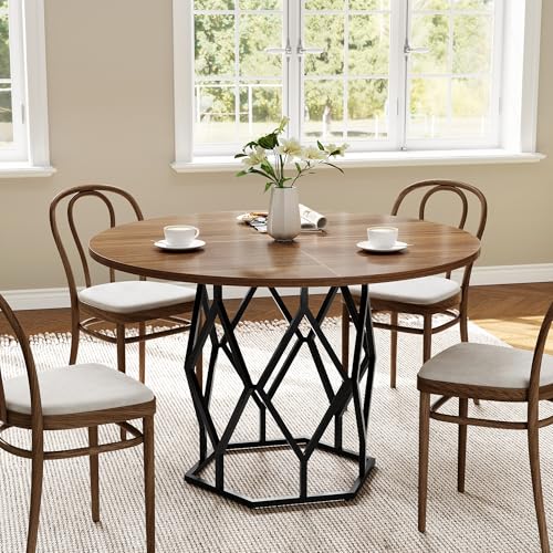 120 cm Table à Manger ronde en bois,Table de Cuisine 4 à 6 Personnes avec Pied central métal ajouré,Table ronde salle manger légère pour Petits...
