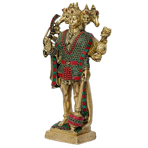 Image of eCraftIndia Golden And Colorful Stone Work Brass Handcrafted Standing Lord Panchmukhi Hanuman Idol, Auspicious Religious God Statue For Home Office, Temple, Gift For Hanuman Jayanti Festival, Devotees