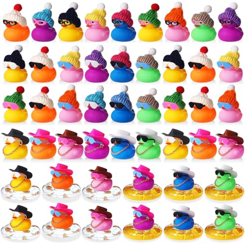 Sratte 140 Pcs Rubber Mini Duck Bulk Halloween Rubber Ducks for Car Decor Bath Toy Little Duck Sunglasses Necklace Hat Swim Circle Hat for Baby Shower Birthday Swimming Halloween Party Gift Favor