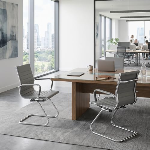 Image of HNY Leather Office Guest & Reception Chairs Set of 2, Modern Waiting Room Chairs with Arms, Desk Chair no Wheels with Sled Base for Conference Room, Grey
