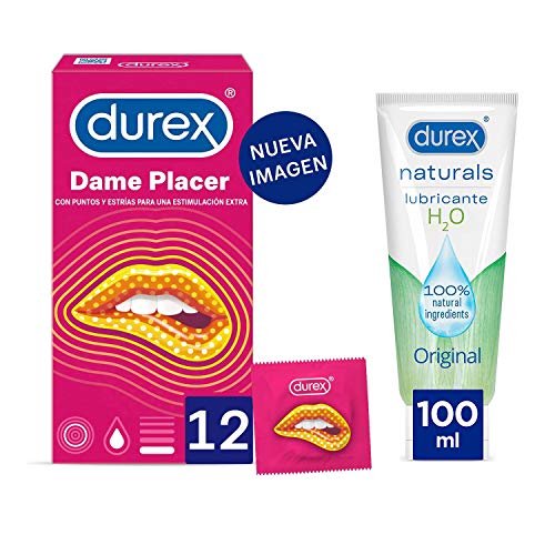 Durex Preservativos Dame Placer con Puntos y Estrías, 12 condones + Lubricante Naturals H2O de Base Agua, 100ml