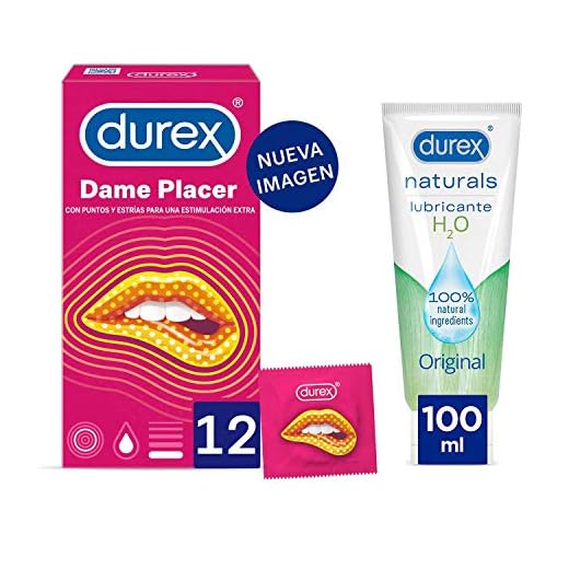 Durex Preservativos Dame Placer con Puntos y Estrías, 12 condones + Lubricante Naturals H2O de Base Agua, 100ml