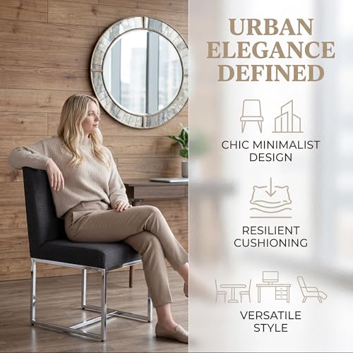 Image of HNY Modern Dining Chairs Set of 4, Upholstered Linen Dining Room Chairs with Ergonomic Back & Polished Silver Metal Frame for Home, Kitchen, Apartment, Charcoal Black
