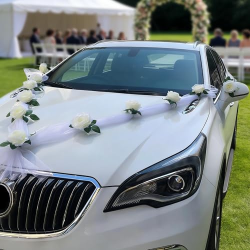 Norhogo Wedding Car Decoration Wedding Car Ribbon Decoration Prom car Bow Bridal Wedding Car Decoration Banquet Decoration Accessories Organza 2 x 1.6 m Long with 9 Roses + 2 Big Roses White