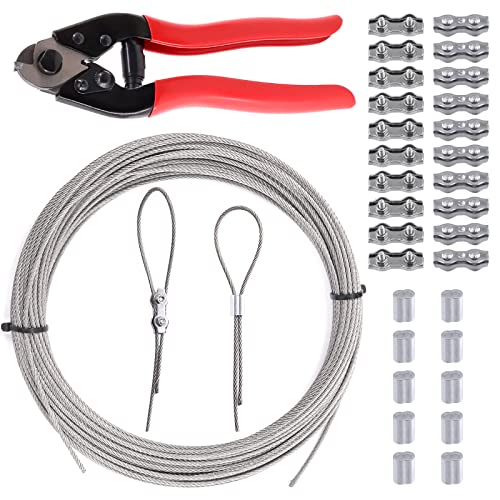 Swpeet 42Pcs Cable Cutter and 100ft Stainless Steel Wire Rope with Stainless Steel Locking and Aluminum Crimping Loop Sleeves Assortment Kit for Deck Stair Railing Strong Thick Seal Metal Fencing