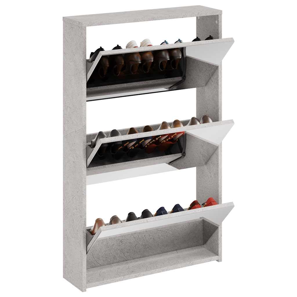 Zapatero con espejo, color gris hormigón, material de madera, 63 x 17 x 102,5 cm, 3 compartimentos, espacio de almacenamiento, para pasillo, salón, dormitorio, con estantes plegables para