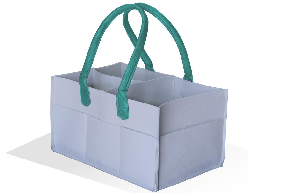 MetDeals - 400 GSM Felt Baby Diaper Caddy Bag Organiser With Handles for Mother,Baby Diaper Bags for Travelling, Diaper Bags for Mothers, Baby Products Organizer (White&Turquoise, 15X10X8 Inches)-image-44