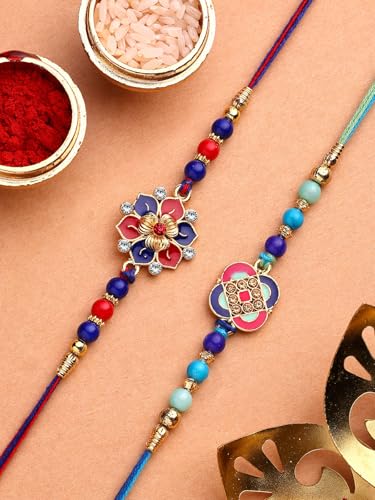 Image of Sukkhi Rakhi Iconic Designer Kundan Meenakari Red Green Gold Plated Premium Rakhi for Brother with Roli Chawal & Greeting Card|Rakhi for Brother /Bhaiya /Bhai /Men|Rakhi Combo-Set of 2