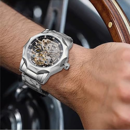 Image of FORSINING Men's Skeleton Automatic Tourbillon Watch Self-Wind Hollow Mechanical Watch Tourbillion Rhombus Stainless Steel Wristwatch Gold & Black