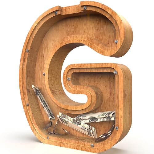 Image of Piggy Bank for Kids Boys Girls, Large Personalized Wooden Letter Piggy Bank with Cut-Out Design, Alphabet Letter Coin Banks, Money Savings Box, Wooden Bank for Kids Creative Gift for Real-Money(G)
