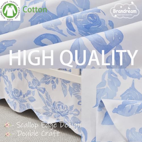Image of Brandream Scallop Edge Organic Cotton Crib Skirt Girls Toddler Bedskirt Baby Nursery Crib Bed Skirt French Vintage Cottagecore Rose Flowers Bows Neutral Light Blue Farmhouse Chic Boho Bohemian Skirt