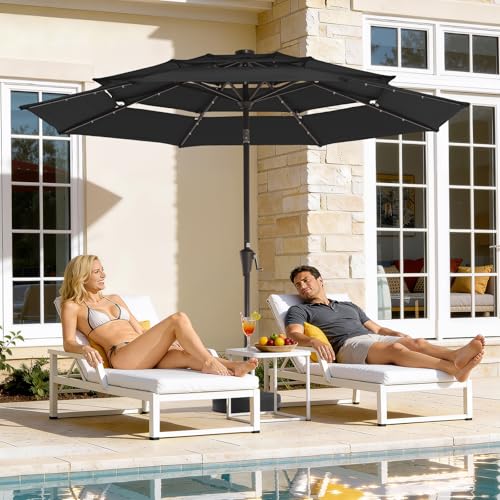 Image of JEAREY 3 Tiers Patio Umbrella with Solar Lights 9ft Outdoor Market Table Umbrellas with Push Button Tilt for Outside Pool Garden, Black