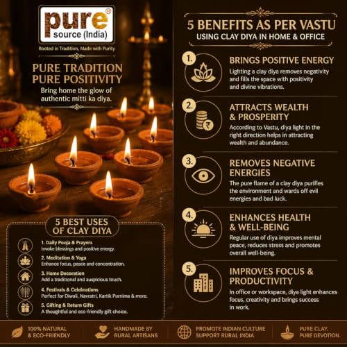 Image of Pure Source India Natural Clay Traditional Diwali Ke Diye | Earthen Clay Diya | Mitti Ka Diva | Diyas for Pooja (101pcs)