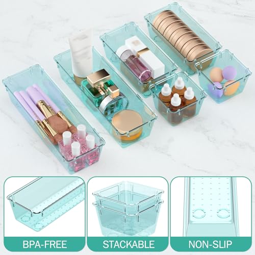 Image of WOWBOX 9 Pack Clear Drawer Organizer Set, Acrylic Drawer Storage Trays, Storage Bins for Makeup, Cosmetics, Jewelries, Utensils, Gadgets, Office, Sea Blue