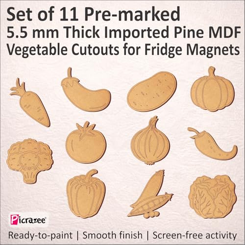 Image of Picrazee DIY Kit for Kids & Adults - Vegetable Fridge Magnet Painting Kit (11 Designs) | Ready-to-Paint 5.5 mm Thick Wooden DIY Craft Kit with Colors, Brushes & Magnets | Screen-Free Activity (Vegetables)