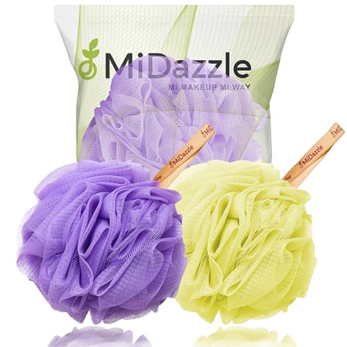 Image of Midazzle Luxury Bathing Loofah Sponge Exfoliator Scrubber for High Lather Cleansing (Pack of 2, Purple & Yellow)