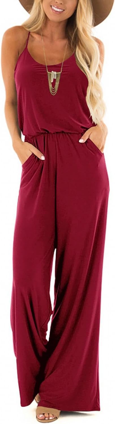 Lacozy Womens Casual Loose Sleeveless Spaghetti Strap Wide Leg Pants Jumpsuit Rompers