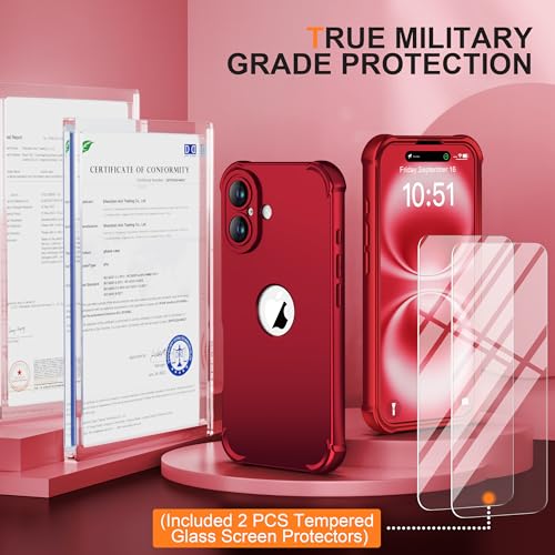 Image of ORETECH 3 in 1 for iPhone 16 Case with 2 x 9H Screen Protector,Red | Full Body Shockproof Design Smooth Texture,15FT Military Grade, Camera Lens Shield, with Armor Front Frame Protection