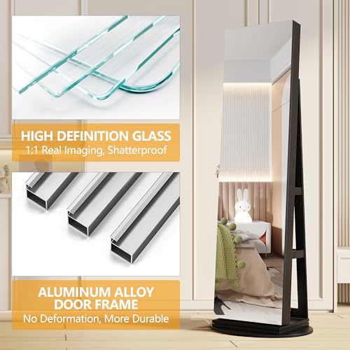 Image of LVSOMT Standing Jewelry Cabinet with Sliding Full Length Mirror, Black | 360 Swivel Mirror with Jewelry Storage, Lockable Jewelry Armoire Organizer with 3 Rear Shelves for Bedroom, Gift for Women