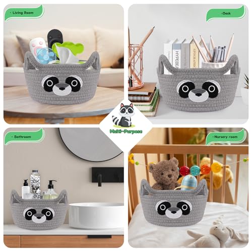 Image of Small Storage Basket for Nursery,Raccoon Storage Basket Round Woven Rope | Cotton Storage, Baby Blanket 0rganizer with Ears Handles, Animal Blanket Towel Decor Storage Bins, 8.2 inchD x 4.7 inchH in