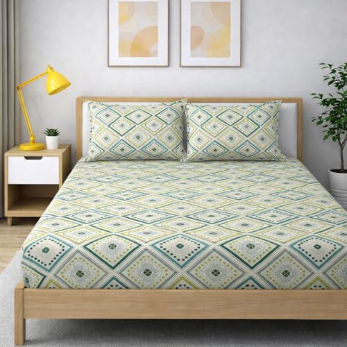 Image of 350 TC Premium Heavy Cotton Feel Elastic Fitted Bedsheet King Size with 2 Pillow Covers || Double Bed with All Around Elastic (Emerald, Fitted Queen-60x78)