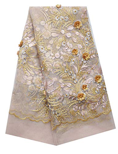 SanVera17 Applique African Lace Fabric 3D Lace Material Net Lace Fabric French Tulle Lace for Wedding Dress (Gold) 5 Yards