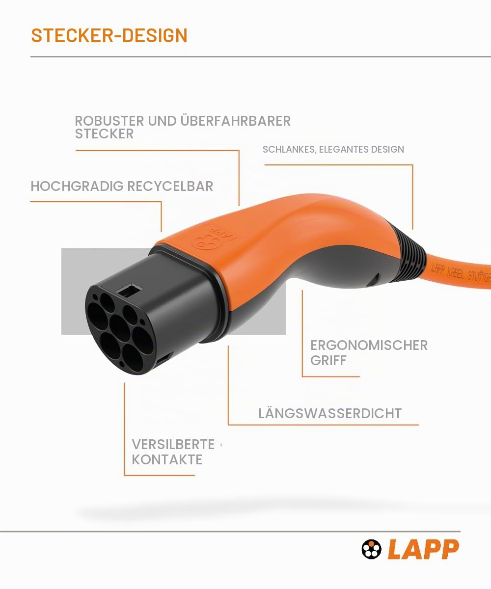 Lapp Mobility Typ 2 Ladekabel 7,4 KW 5m - 32a Ladekabel E Auto 1-Phasig - IP55 geschütztes Ladekabel Mode 3 - Ladekabel Typ 2 mit korrosionsresistenten Steckkontakten - geeignet für PHEV, BEV & EV