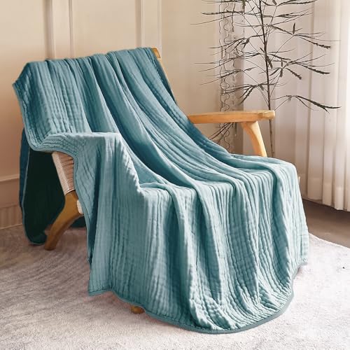 Image of SANACYNA Muslin Blankets 100% Cotton 6-Layer Gauze Queen Size Teal Light Blanket Soft Cozy Breathable Bed Blanket for Sofa Couch Bed Coverlet Both Sides (Teal, Queen 90 inch X 90 inch)