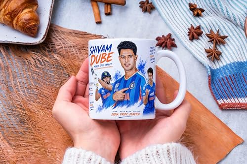 Image of Cricket Theme Coffee Mug IPL Edition - Stylish Helicopter Shot Print Cup - Gift for Cricket Fans, Boys & Friends (Shivam Dube, Large)