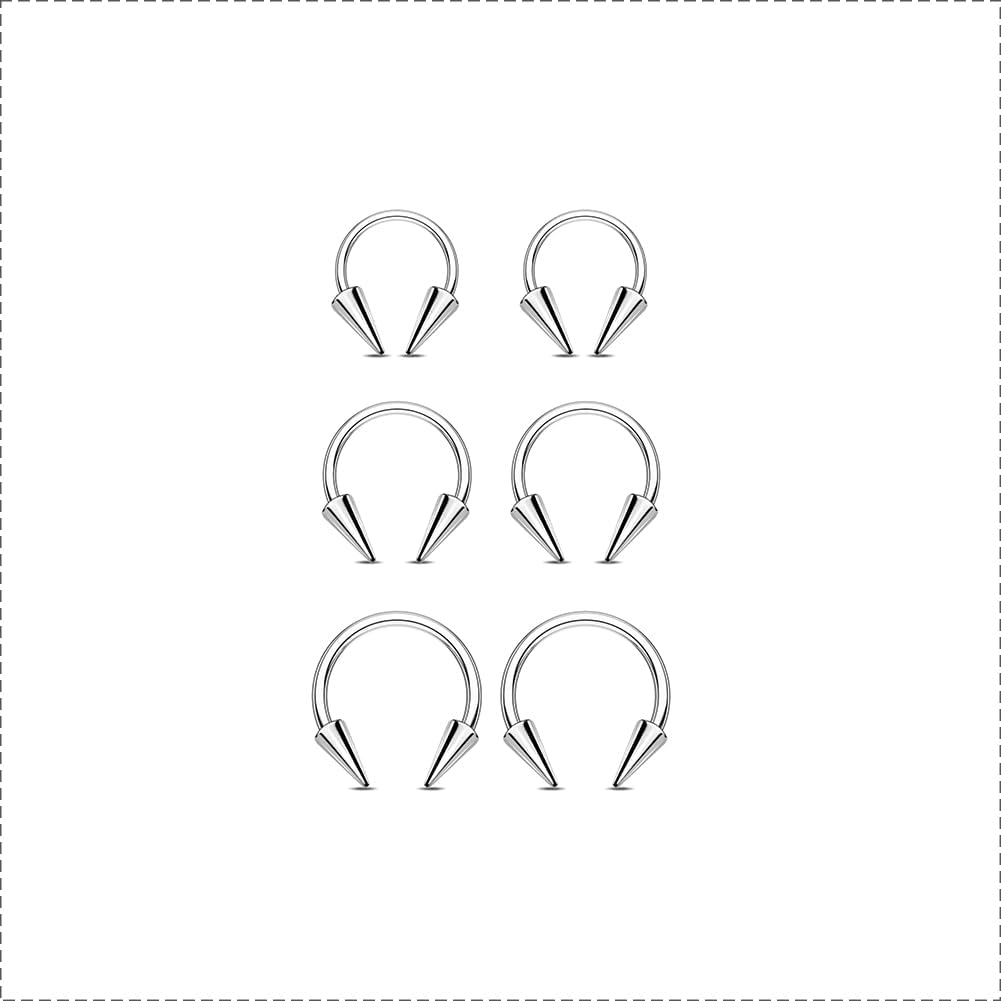 OUFER 16G Lip Rings Snake Bites Lip Piercing Jewelry, 6PCS 8/10/12MM Horseshoe Long Spike Labret Rings, 316L Surgical Steel Septum Conch Piercing Jewelry - Image 9