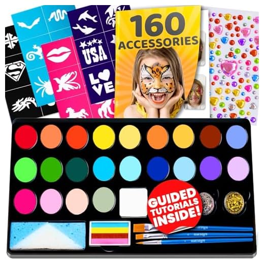 Blue Squid Kit de pintura facial y del cuerpo para niños – 22 colores, 160 piezas, plantillas, folleto, gemas, tiza para el cabello, pinceles, purpurina, esponjas, maquillaje profesional de Halloween
