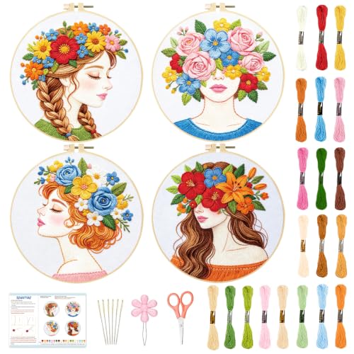 Image of BEUNITONE 4 Set Embroidery Kits for Beginners Adult with Pre-Print Pattern | 7.9x7.9 inch Include Embroidery Cloth Hoops Threads for Craft Lover, Beautiful Flower Lady Pattern for Women Home Decor
