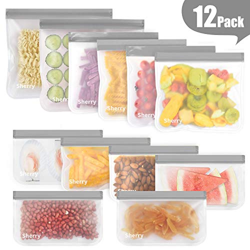 sherry Reusable Food Storage Bags,12 Pack Reusable Snack Bags Bread Box Set (6 Reusable Snack Bags 4 Sandwich Bags 2 Reusable Lunch Bags)