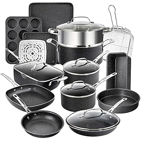 GRANITESTONE 20 Pc Kitchen Pots and Pans Set Non Stick Cookware Set, Kitchen Cookware Sets, Granite Nonstick Cookware Set, Diamond Coated Non Toxic Cookware Set, Oven & Dishwasher Safe - Black Cover