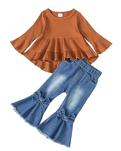 Image of Kucnuzki Toddler Baby Girls Clothes Long Sleeve Shirt Top Flare Denim Jeans Cute Outfit Baby Girl Fall Winter Clothes