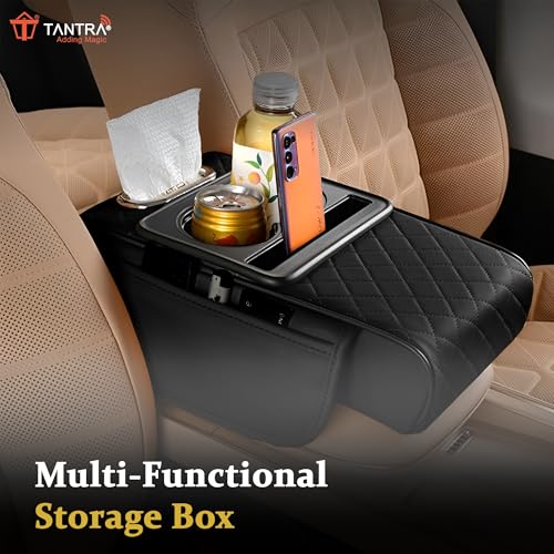 Image of TANTRA Premium Car Armrest Cushion Organizers, 5-in-1 Center Console Cover with 2 Storage Bags Cup Holder, Tissue Box Slot, Phone Slot for Sedans, Car Accessories Interior Organizers (Black)