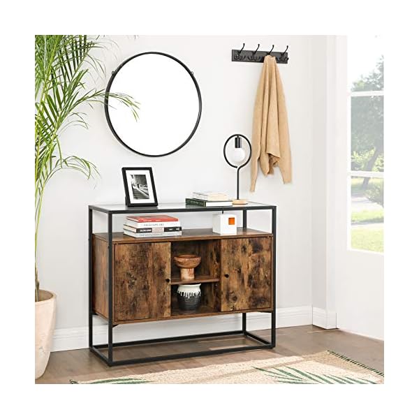 VASAGLE Sideboard, Side Cabinet, Storage Cabinet with Glass Surface and Open Compartments, Living Room, Hallway, Steel Frame, Tempered Glass, Industrial, Rustic Brown and Black LSC014B01 - Image 4