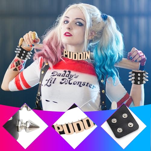11 Pcs Puddin Choker Halloween Set Adjustable Punk Leather Letter Collar Necklace Tattoo Stickers Rivets Spike Bracelet Halloween Harley Cosplay Accessories for Women3