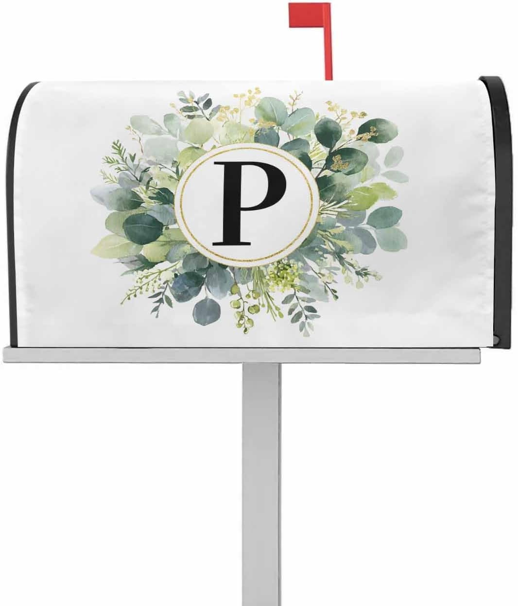 Unique P Mailbox Covers Magnetic Standard Size, Decorative Post Letter Numbers Box Wrap Decoration Covers Small Accessories for Garden Yard Outdoor Décor, Monogrammed Eucalyptus Flower Green
