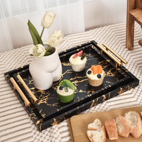 Upper Decor 24U30106 Modern Decorative Tray Set Of 2 - Black And Gold Marble Wood Serving Tray thumb #5