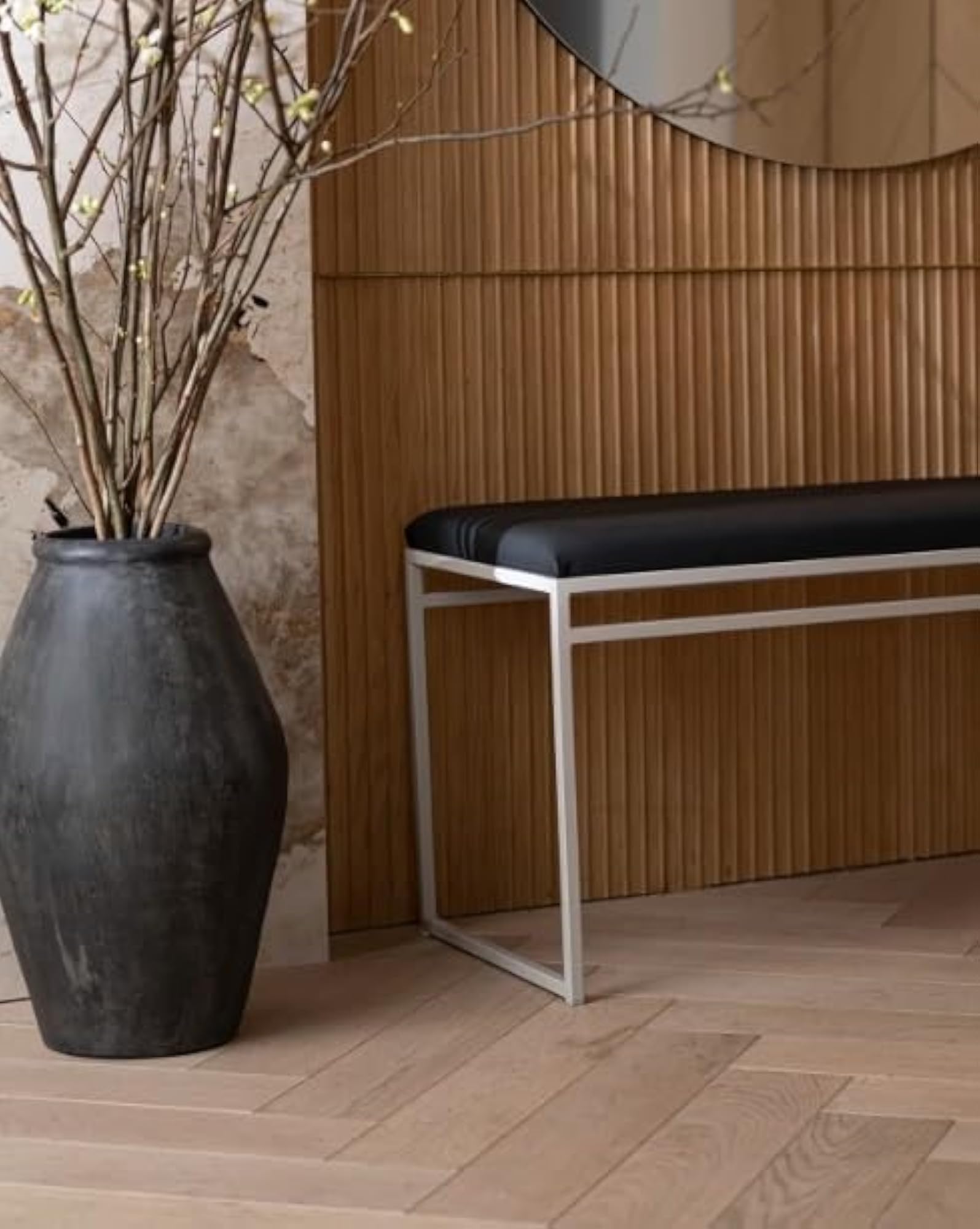 Hallway Entryway Bench with Black Faux Leather Cushion