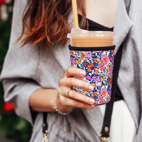 Image of Reusable Insulated Neoprene Iced Coffee Cup Sleeve, Durable Drink Sleeve for Cold Beverages, Beverage Holder for Iced Coffee (Bloom Frenzy)